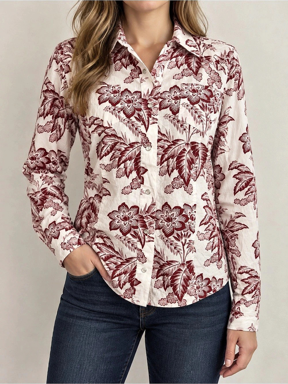 Roper Burgundy Floral Western Snap Shirt Size M